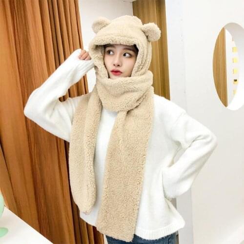 2021 Winter Women Novelty Caps Warm Cute Bear Ear Hat Casual Plush Hat Scarf Set Bonnet Casual Solid Women Caps Present