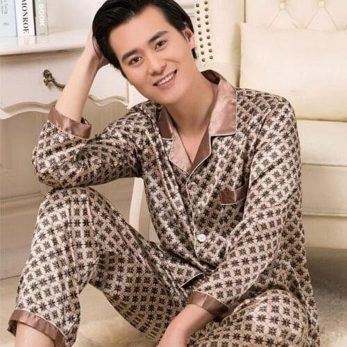 Silk Men Pajamas New Spring and Summer Printing Silk Suit Autumn Cardigan Long Sleeve Leisure Tops men pajama sets