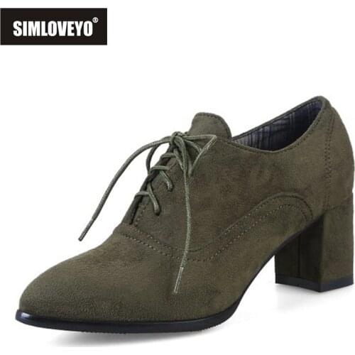 SIMLOVEYO 2021 New Classics Ladies Pumps Flock Lace Up Concise Office Pointed Toe Block Heel Shoes Black Yellow Blue Green A4526