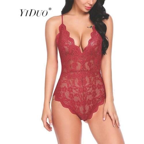 YiDuo Transparent Floral Embroidery Lace Bodysuit V Neck Bodycon Backless Straps Camis Sexy Bodysuits Jumpsuit Womens Plus Size