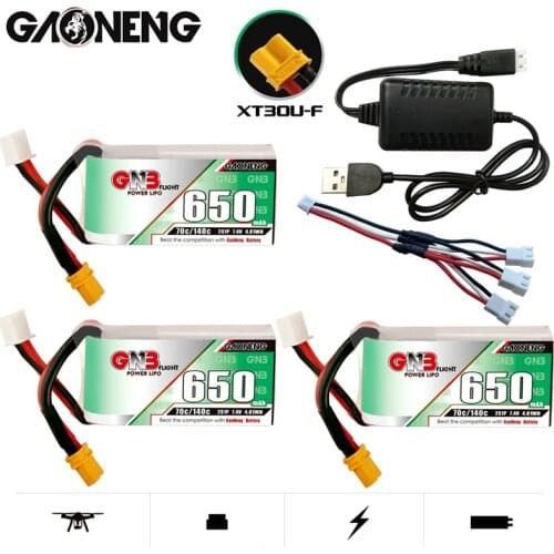 Gaoneng GNB 650mAh 7.4V 2S 70C/140C with XT30U-F Plug HV Lipo Battery Charger Set for DYS FPV Racing Drone 4 Axis RC Drone Parts