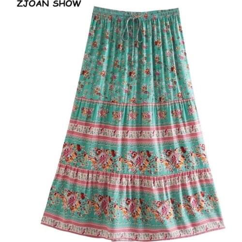 Bohemia Floral Print Long Skirt Turquoise Spliced Ruched Ruffle Hem Hippie Women Adjust Stream Waist Swing Skirts Holiday Beach
