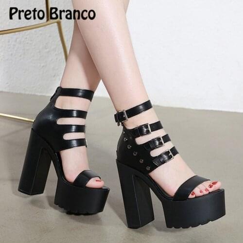 PRETO BRANCO Womens Sandals for Women and Ladies 14cm High Heel Platform Sandals Roman Chunky Heel Hollow Shoes JXQ-9958-3