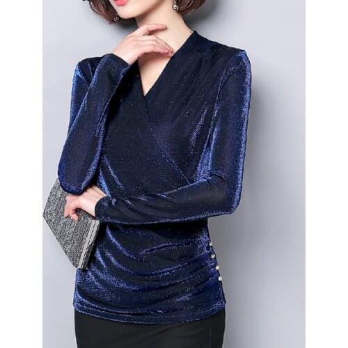 Pullover-Shirt Solid Color Female Long-Sleeved Overlap V-Neck Bright Silk Women Clothing 2021 New Fall Joker European Folds Tops