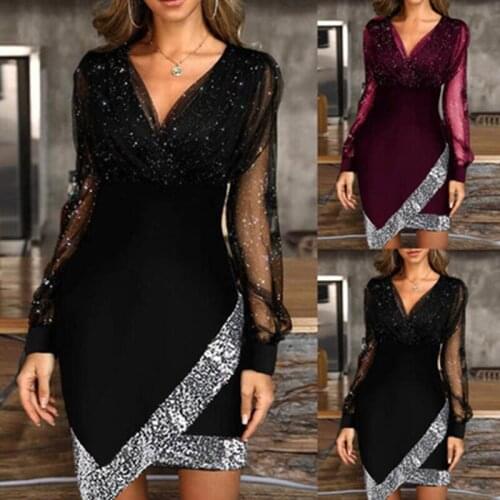 Women Black Bodycon Dress Long Sleeve Autumn Sequins V Neck Dresses Female Mini Sheath Sexy Mini Party Vestidos S-XXXL