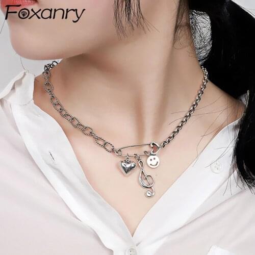 Foxanry 925 Sterling Silver Smiley Face Tassel Necklace for Women Fashion Vintage Love Heart Note Thai Silver Punk Rock Jewelry