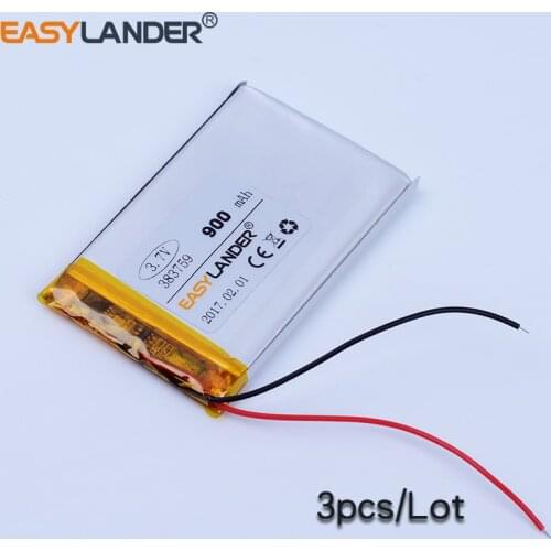 3pcs/Lot 383759 3.7V 900mAh Rechargeable Li-Polymer Li ion Battery For Bluetooth Speaker GPS Tracker DVR mp3 mp4 mp5 PDA phone
