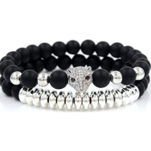 6mm 2PCS/Lot ik4 gold silver Copper cz zircon cubic zirconia elastic adjusted leopard nature stone Frosted agate Onyx Bracelet