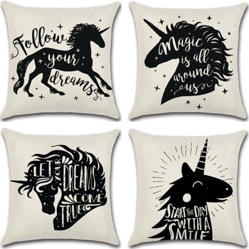 Black and White Unicorn Printing Pillow Case Cotton Linen Unicorn Decorative Pillowcases Pillow Case Cover almohada ZT235