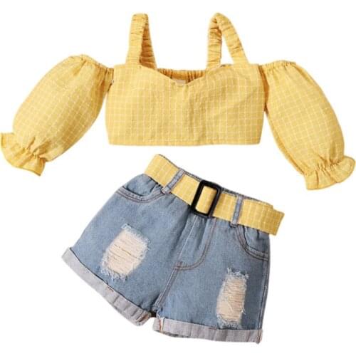 Kids Baby Girls Fashion 2-piece Outfit Set Off Shoulder Backless Tops+Denim Shorts Set for Children Girls Summer 2021