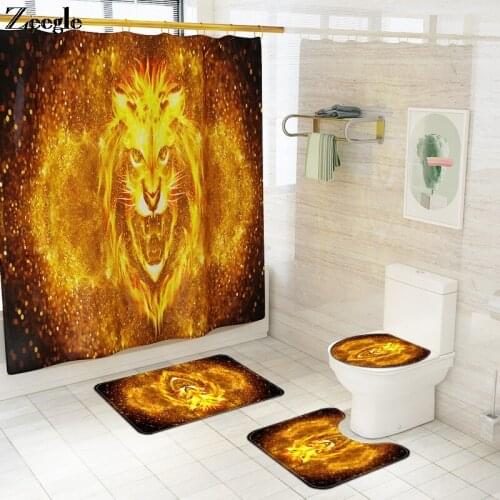 Home Decor Bath Mat and Waterproof Shower Curtain Set Animal Lion Deer Set Toilet Seat Cover Mat Bathroom Carpet Rugs Toilet Mat