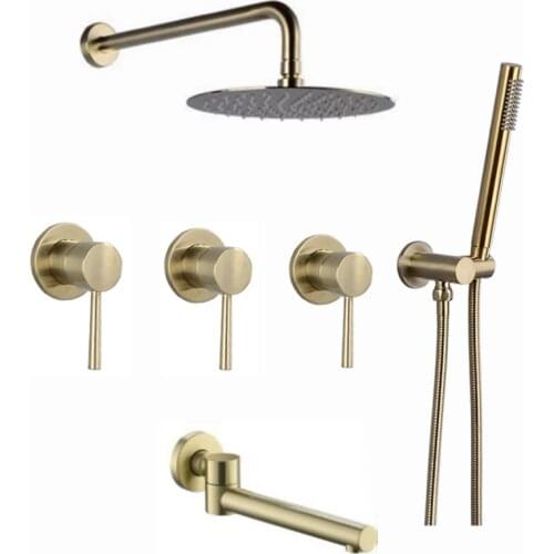 Bath Bathroom Shower Set Solid Brass Brushed Gold Head Rianfall Luxury Faucet Wall-Mount Arm Hot And Cold Mixer