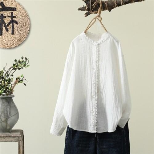 Cotton 100% Lace Women White Shirts Summer New 2021 Ruffles Neck Long-Sleeved Loose Elegant Office Lady Outwear Tops