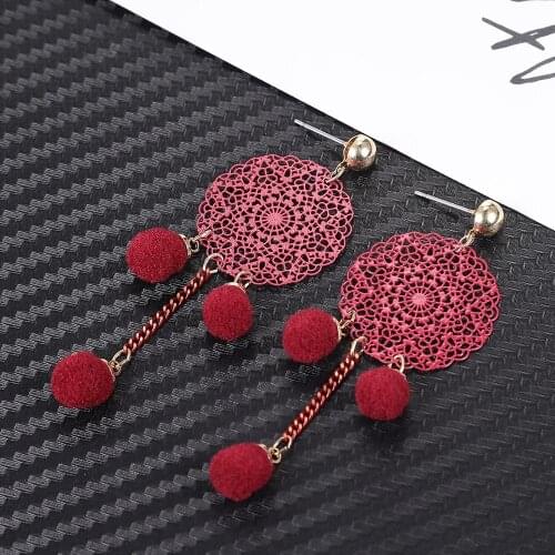 Round Hollow Out Pendant Earrings Red Pompon Fashion Tassel Earrings Bohemian Jewelry For Women Wholesale Mrs win