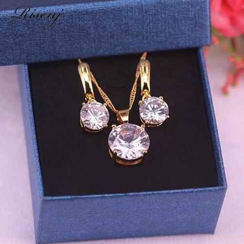 Many Colors Top Zircon Rose Gold Top Zircpn Jewelry Set For Women Stud Earrings Necklace With Pendant Bridal Jewelry