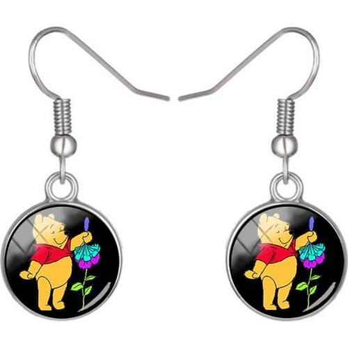 Disney New Pooh Flower Earrings Fashion Round Earrings Glass Cabochon Earrings Hook Earrings Jewelry