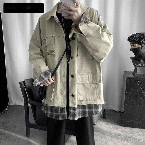 Men Fashion Jackets Autumn Fake Two-piece Jacket Male Loose Winter Patchwork Jacket Korean Plaid Street Clothes Warm Casual Coat