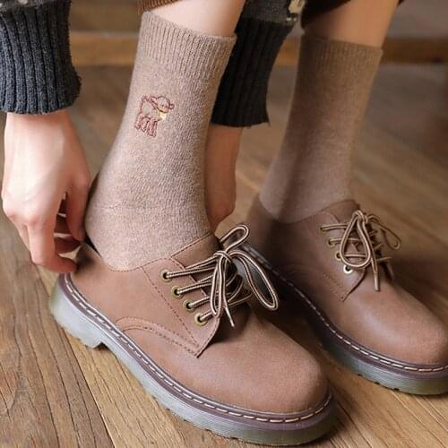 25% Wool Warm Womens Socks Cartoon Sheep Embroidery Japanese Kawaii Cute Sock Winter Thick Thermal Long Sock for Christmas Gift