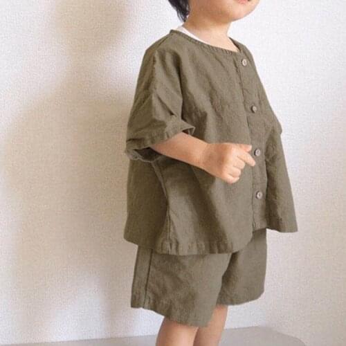 New Fashion Loose Imitation Cotton Hemp Retro Foreign Style Shirt Shorts Boys And Girls' Suit