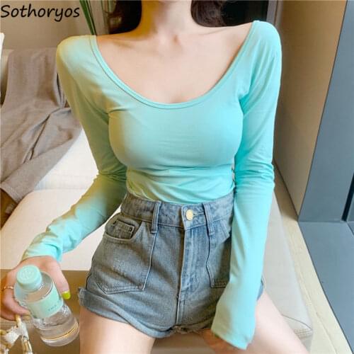 Solid T-shirts Women Basic Backless Skinny Long Sleeve Sexy All-match Tops Teenagers Korean Style Fashion Females Tees Popular