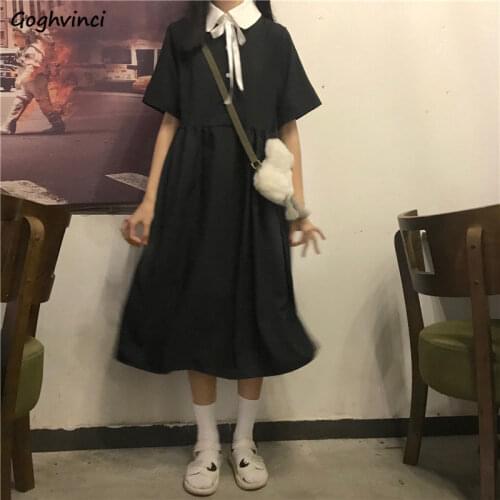Short Sleeve Dress Women Turn-down Collar Mid-calf Student High Waist Baggy Holiday Casual Daily Simple Patchwork Vestidos Femme