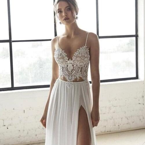 Beach Boho Wedding Dresses 2021 Side Silt A-line Sweetheart Spaghetti Straps Bohemian Bridal Gowns Sleeveless Simple Sweep Train