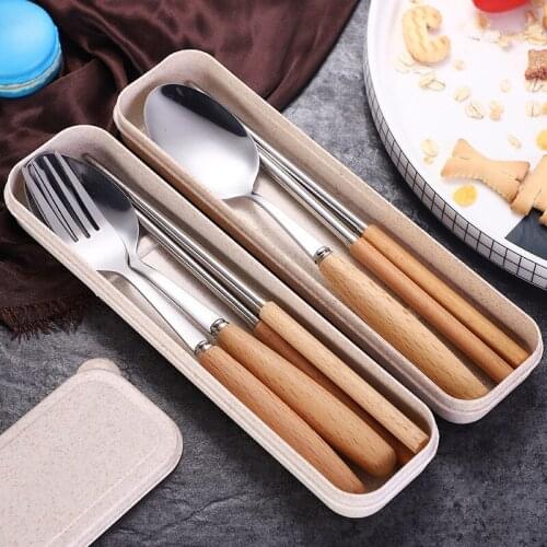 Beech handle tableware set stainless steel spoon Fork chopsticks set student gift tableware box three-piece set