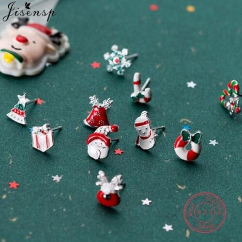 100% 925 Sterling Silver Snowflake Earing Cartoon Santa Claus Elk Christmas Tree Stud Earrings for Women Girl Kids New Year Gift