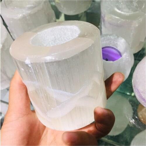 Natural selenite tower candle base gemstone candlestick dispel negative energy healing crystal stones for decoration