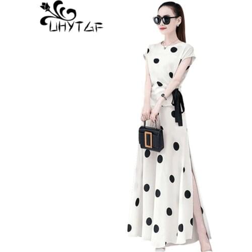UHYTGF Fashion chiffon summer two piece set women 2020 polka dot Split wide leg 2 piece set casual pants skirt suit Female 1179