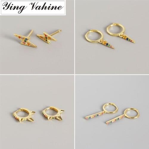 Ying Vahine 100% 925 Sterling Silver Multicolor Zircon Lightning Triangle Rivet Stud Earrings for Women Jewelry