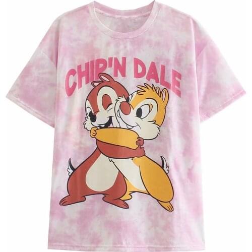 Disney Cartoon Chip and Dale Shirts for Women Print Round Neck Short-sleeved Women Fashion Clothing Graphic T-Shirts Harajuku