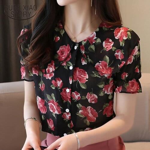 2020 Summer Korean-Style Loose Floral Women Tops and Blouse Short Sleeve Doll Collar Ruffle Chiffon Blouse Women Chemise 9152 50