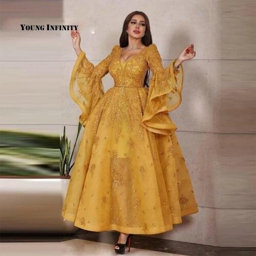 Ankle Length Dubai Arabic Evening Dresses for Women 2020 Flare Long Sleeves Ball Gown Prom Dress Long Dubai Arabic Party Gown