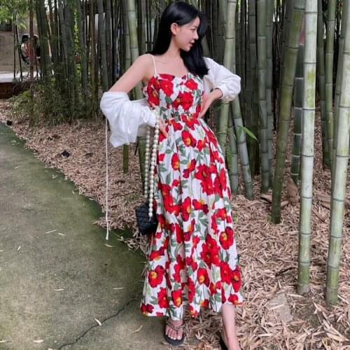2021 Summer New French Temperament Vestidos Female Full Screen Big Flowers Waist Slimming Midi Dress with Belt KK627