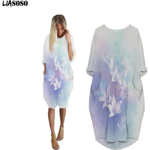 LIASOSO Beautiful Natural Starry Dress 3D Printing Ladies Harajuku HipHop Fashion Knee-Length Ladies Loose Autumn Pocket Dress