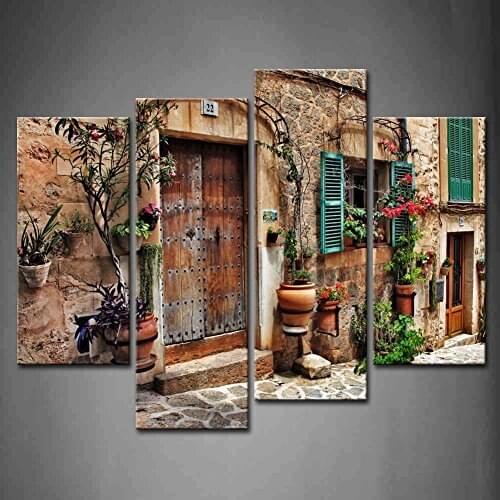 4 Panel Wall Art Streets Of Old Mediterranean Towns Flower Door Windows Painting The Picture For Home Decor Drop shipping
