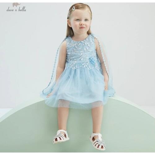 DBJ17245 dave bella summer baby girls cute floral embroidery mesh dress children fashion party dress kids infant lolita clothes