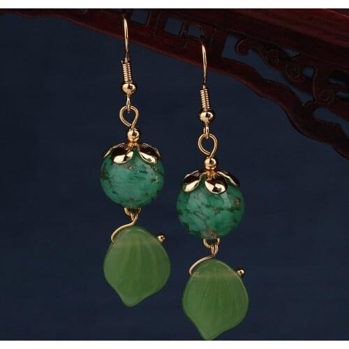 Ethnic green long drop earrings Vintage fashion leaf flower pendant earrings for women jewelry wholesale