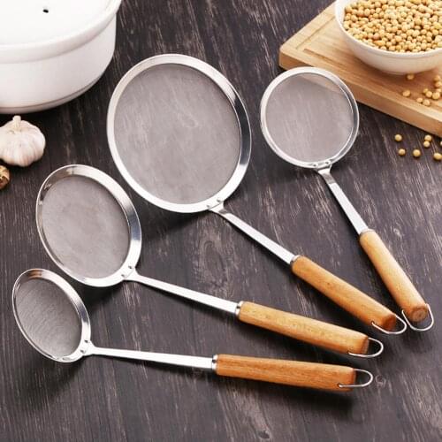 Wooden Handle Stainless Steel Filter Flour Sieve Colander Spoon Kitchen Cookware