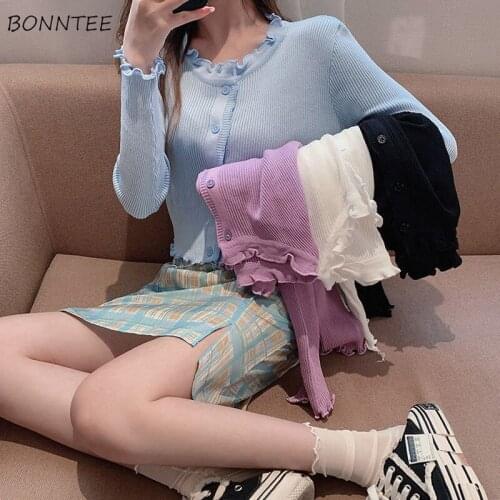 Cardigan Women Casual Fashion Ruffled-collar Vintage De Moda Solid Slim Sweaters Streetwear Clothing Korean Style Chandails Ins