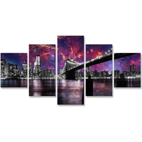 Nebula over Bridge at Night Canvas Painting 5 Panel Poster Art Decoration Wall Pictures for Living Room Home Decoration