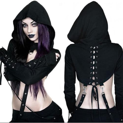 Women Punk Gothic Crop Top Witch Cosplay Sexy Vampire Hooded hoodies Long Sleeve sweatshirt Halloween Party moletom feminino