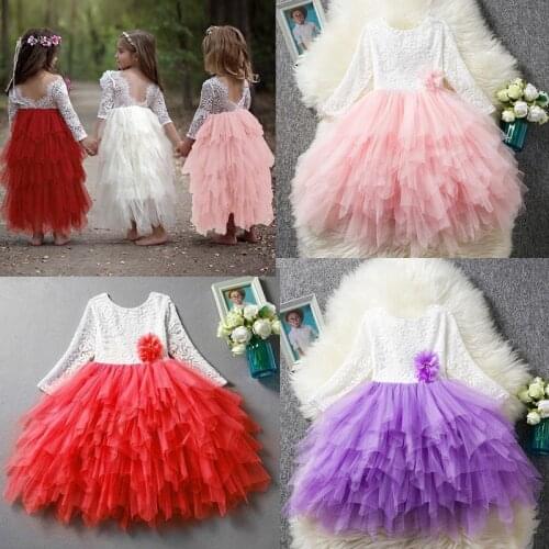 Girls Flower Lace Tutu Dress 3-8 Years Children Spring Appliques Tulle Fabrics Vestido Princess Birthday Party Dress Girls