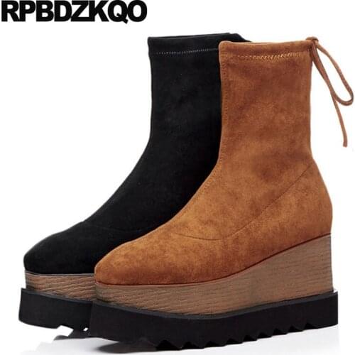 Square Toe Platform Muffin Wedge Boots Ankle Big Size Designer Shoes Women Luxury 2021 Brown Stretch Flatform British High Heel