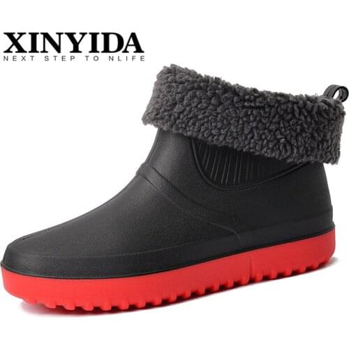Winter Add Fur Keep Warm Waterproof Safety Shoes Slip On Resistant Kitchen Non-slip Rain Boots Mens Ankle Rain Shoes Size 39-44