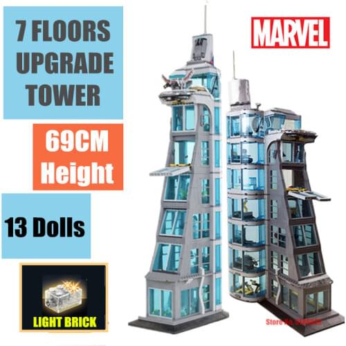 New 7 FLOOR Marvel Avengers Tower Ironman Spiderman Starks Industry Thor Thanos Figures Streetview Building Block Brick Gift Toy