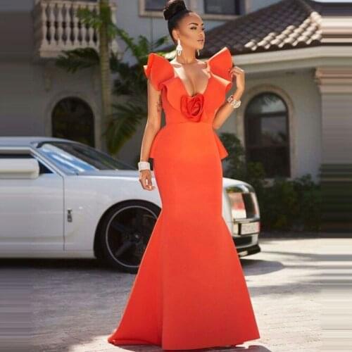 Aso Ebi Prom Party Dresses Orange Mermaid Ruffles Deep V-Neck African Girls Evening Long Gowns vestido gala corto