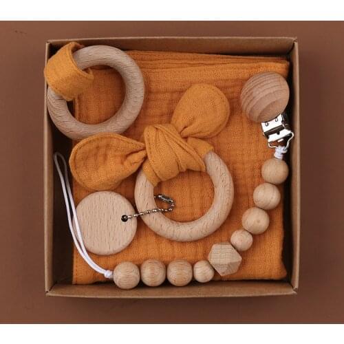 Baby Shower Gifts Personalized Pacifier Clips Chain Cotton Baby Bibs Teether Saliva Towel Wooden Ring Toys Teething Bracelet