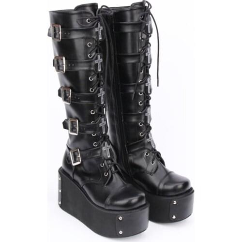 OLOMLB Women Round Toe Cross Decor Genuine Leather Knee Thigh High Boots Platform Wedge Heel Punk Japanese Harajuku Gothic Shoes